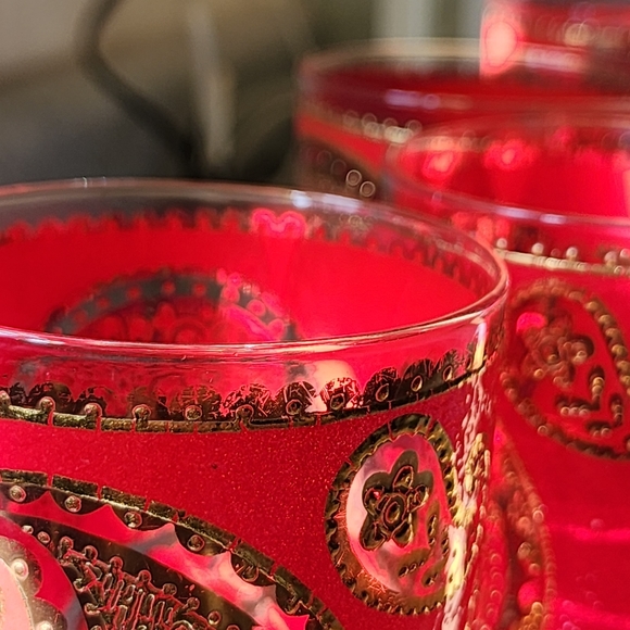 Set/5 mid-century modern Culver barware highball glasses in red & gold paisley - Picture 7 of 8